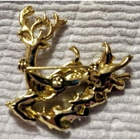 Women Jewelry Flying Reindeer w Holly Goldtone Pin 2.5" Christmas Brooch - Picture 3 of 3